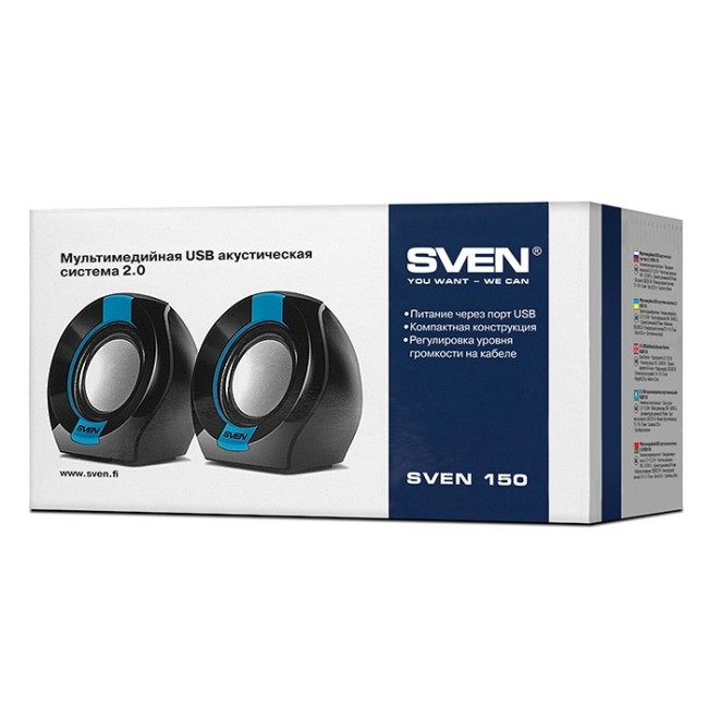 Акустическая система 2.0 Sven 150, мощность 5Вт, USB, чёрно-синяя