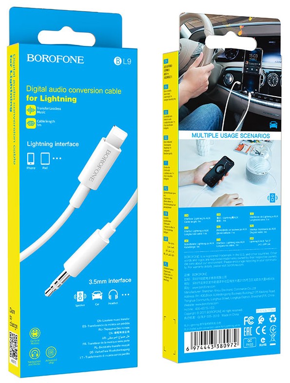 Кабель-переходник Lightning на AUX 3,5mm Borofone BL9 1м белый