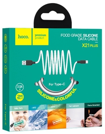 Usb Кабель-зарядка Type-C Hoco X21 +Plus 3A 2м мягкий силиконовый белый