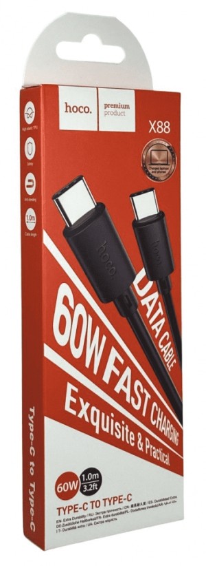 Usb Кабель-зарядка Type-C на Type-C Hoco X88 3.0A 60W 1M черный Usb Кабель-зарядка Type-C на Type-C Hoco X88 3.0A 60W 1M черный
