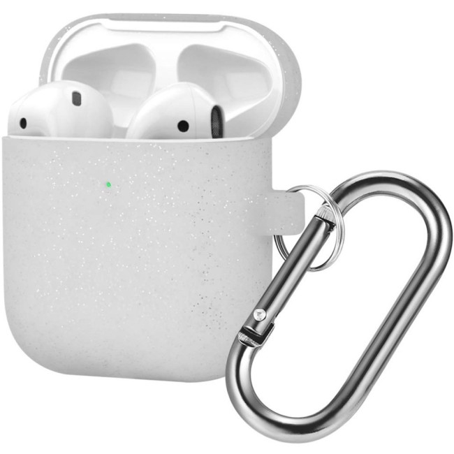 Силиконовый чехол для AirPods с карабином серебристый с блёстками