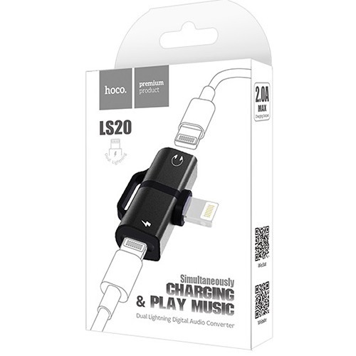 Переходник Hoco LS20 Lightning (папа) на 2 Lightning (мама) аудио/зарядка черный