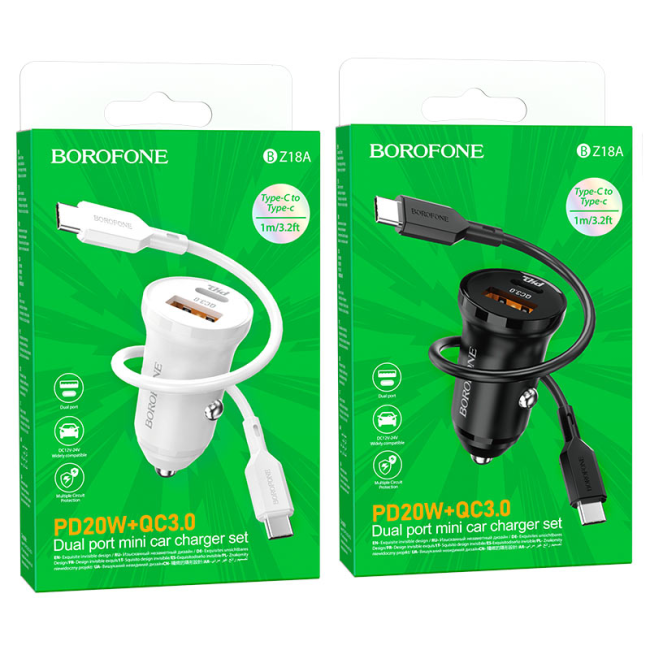 Автомобильное заряд. устр. Borofone BZ18A 1USB/1USB-C с кабелем T-C-L PD20W+QC3.0 белый