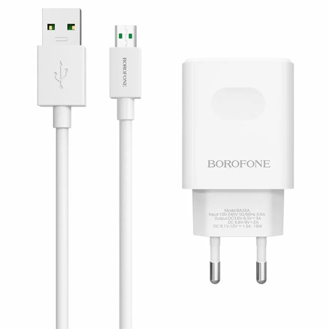 Сетевое зар. устр. Borofone BA32A 1USB с шнуром Micro 3A белое