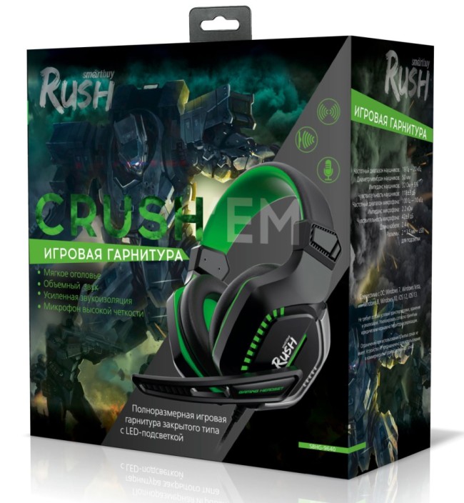 Игровая гарнитура RUSH CRUSH'EM, LED-подсветка, динамики 50мм, микрофон, черн/зел (SBHG-9640)/20