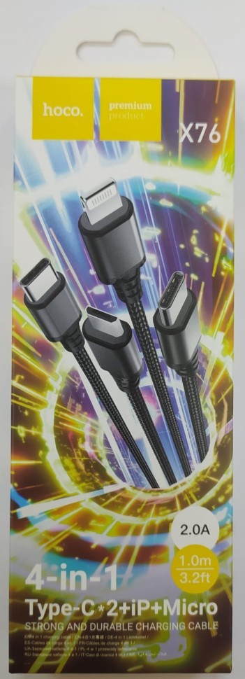 Usb Кабель-зарядка Hoco X76 4в1 Micro/Lightning/ 2 Type-C 1м черный