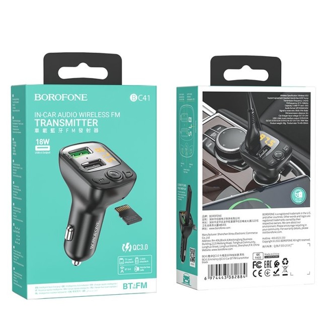 Автомобильное заряд. устр. Borofone BC41 + FM-трансмиттер BT5.0 2USB QC3.0 18W черное